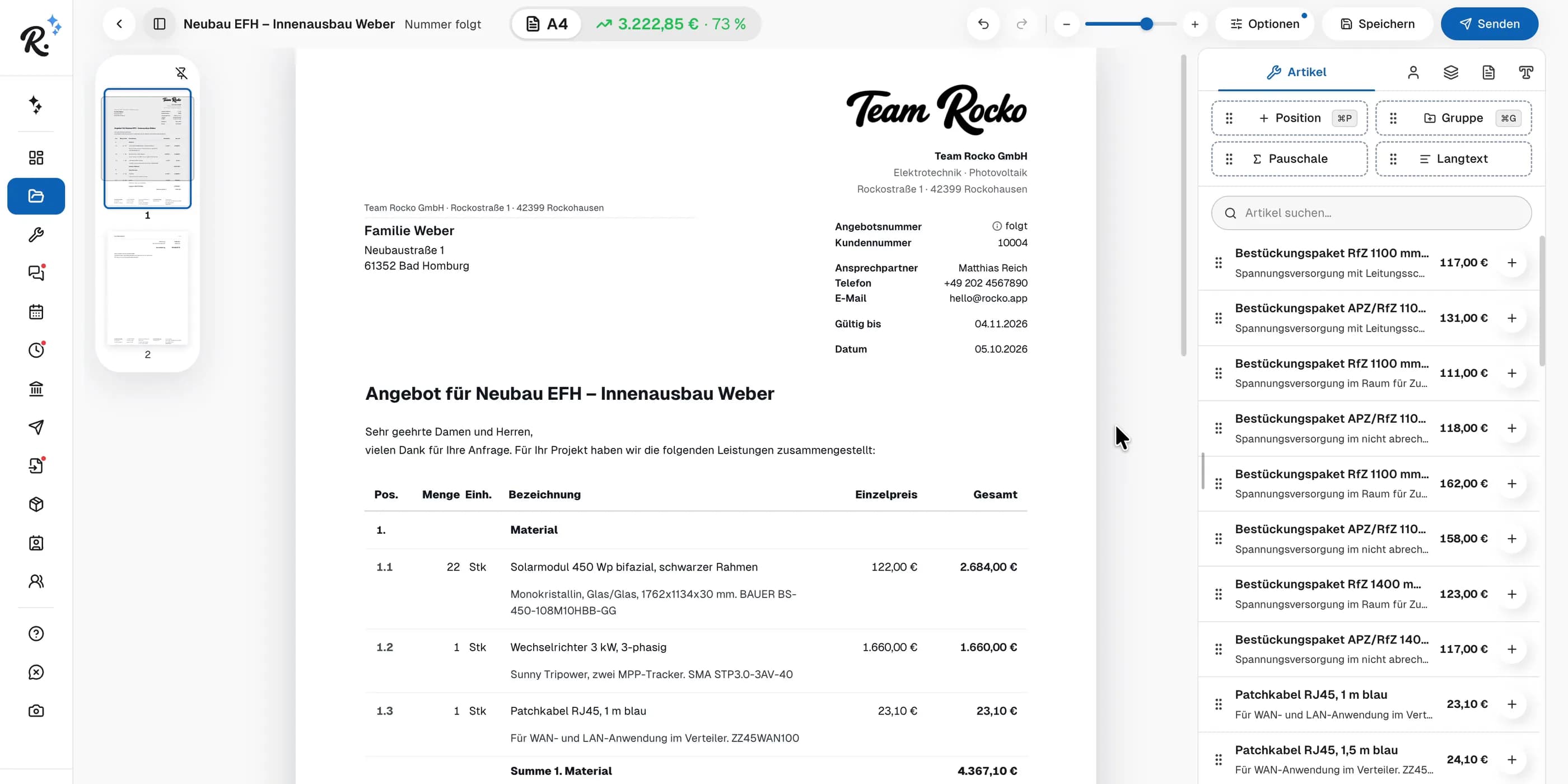 Angebots-Editor mit Positionen aus dem Artikelstamm
