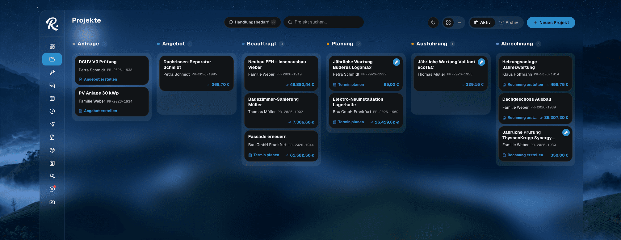 rocko Projektübersicht: alle Projekte von der Anfrage über Angebot und Ausführung bis zur bezahlten Rechnung auf einem Kanban-Board